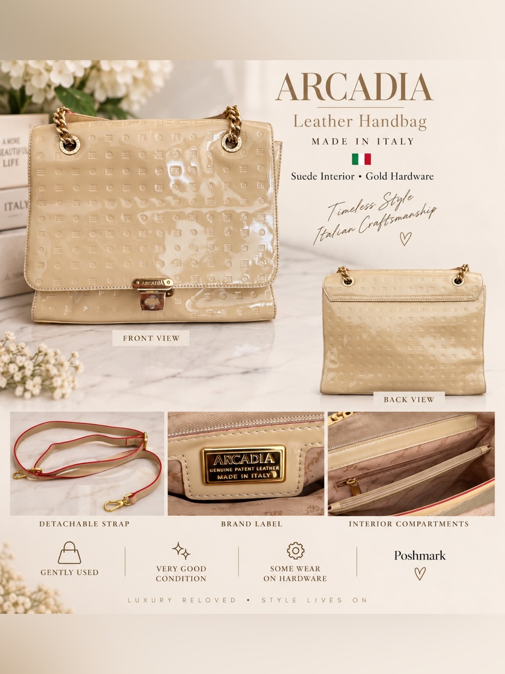 Arcadia Made in Italy Patent Leather Handbag Gold Hardware